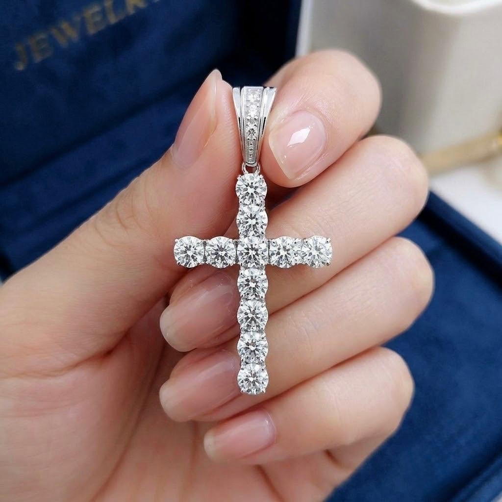 10 Ct Cross Pendant Necklace Simulated Diamond Real Silver Solid 14K Gold Plated