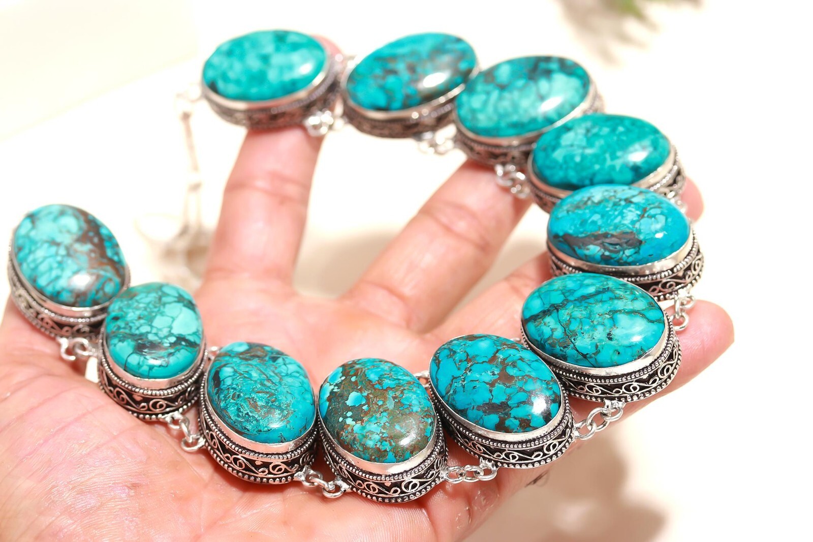 Natural Tibetan Turquoise Gemstone 925 Sterling Silver Big Necklace Vintage