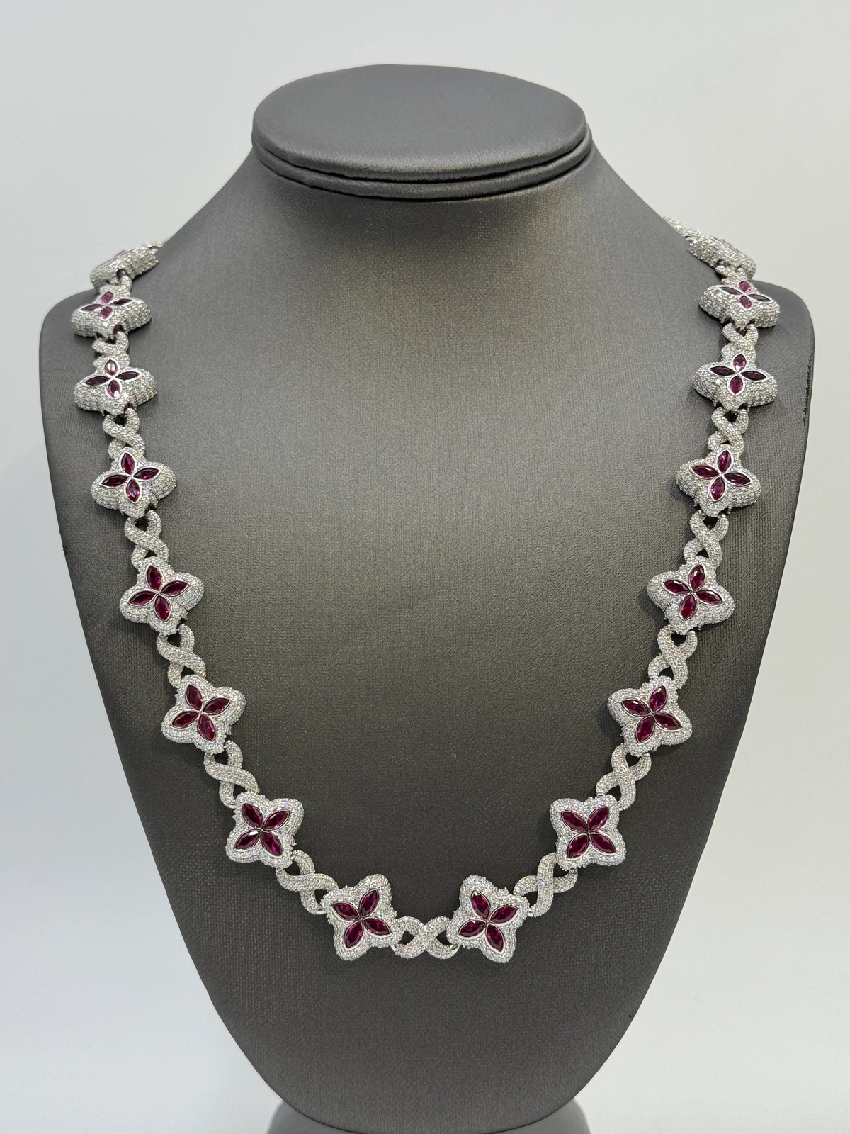 925 Sterling Silver Clover Chain 24″ 18mm Iced VVS Moissanite 60CT Ruby CZ