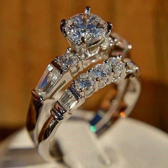 Round Cut 2Ct Lab Created Diamond 14K White Gold Finish Engagement Ring Set