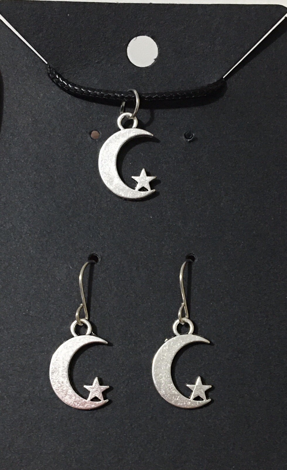 Silver Moon & Star Earrings Necklace Set 18” Black Cord