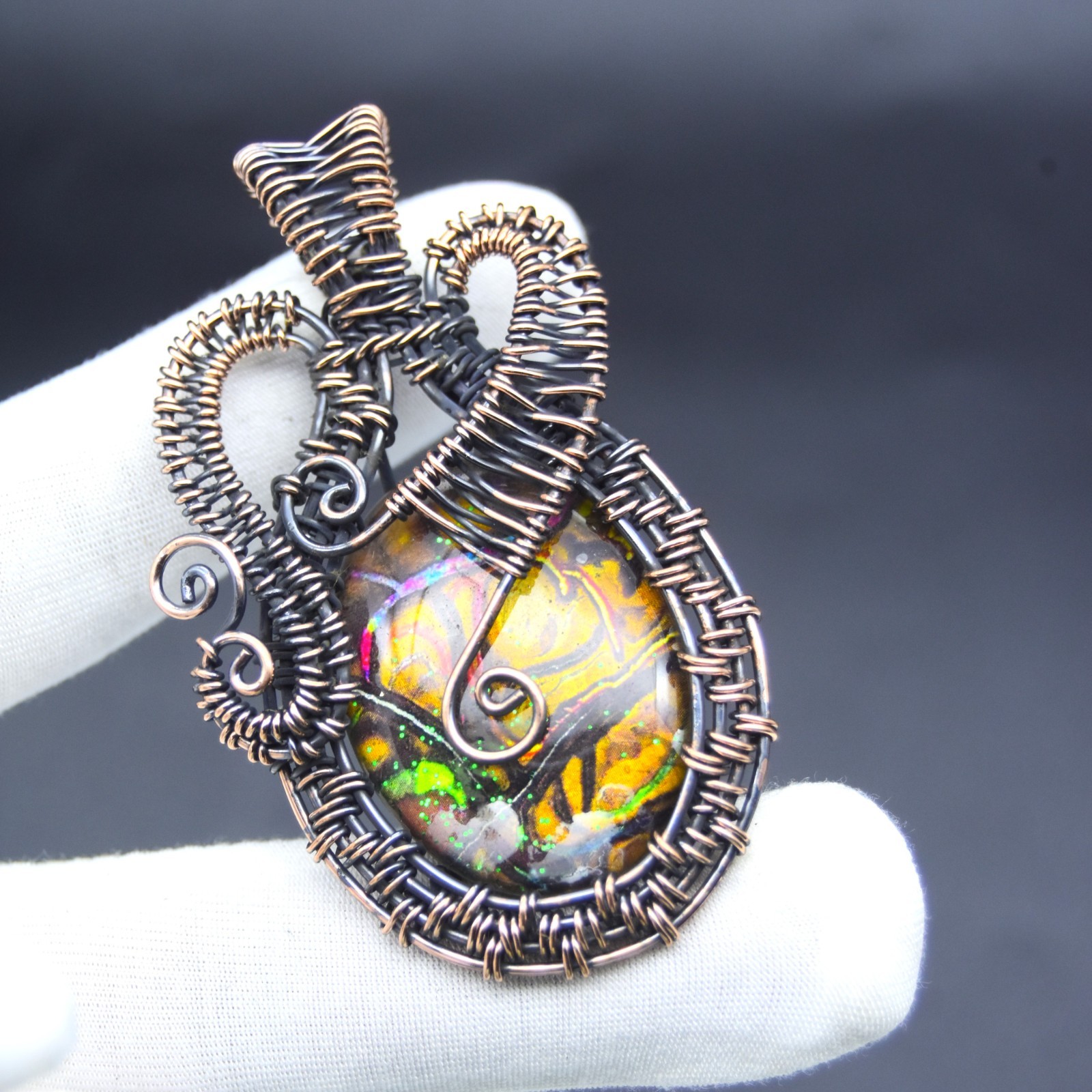 Ammolite Gemstone Handmade Copper Wire Wrapped Pendant Size-2.10″