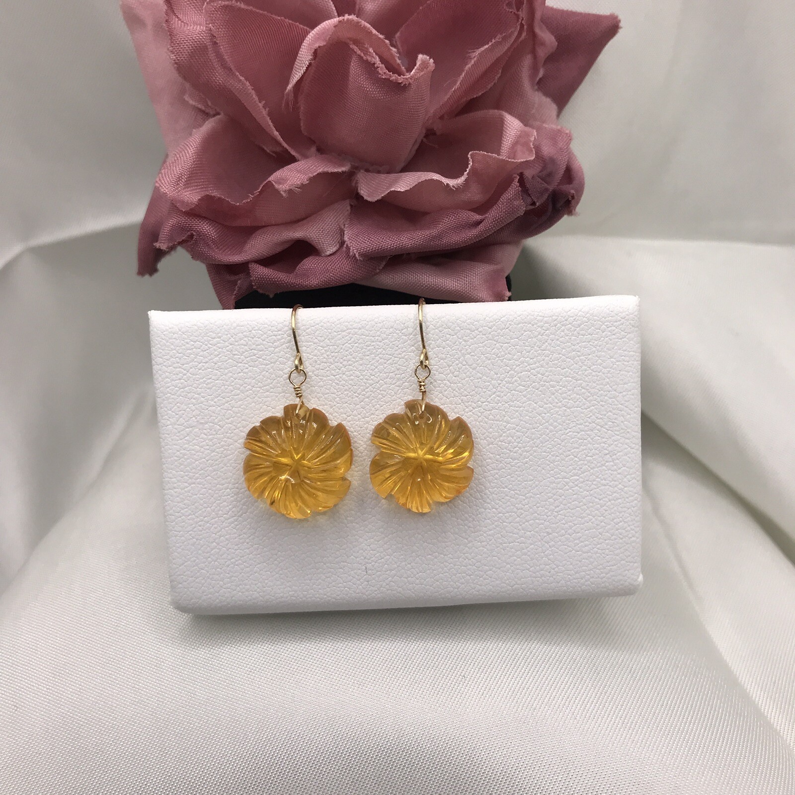 14K Citrine Flower Earrings Carved Cabochon Briolette Natural Gems 13mm Handmade