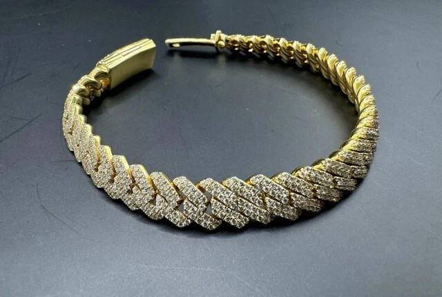 Solid 925 Sterling Silver & moissanite Iced Men’ Bracelet Yellow Gold Over 8.5″