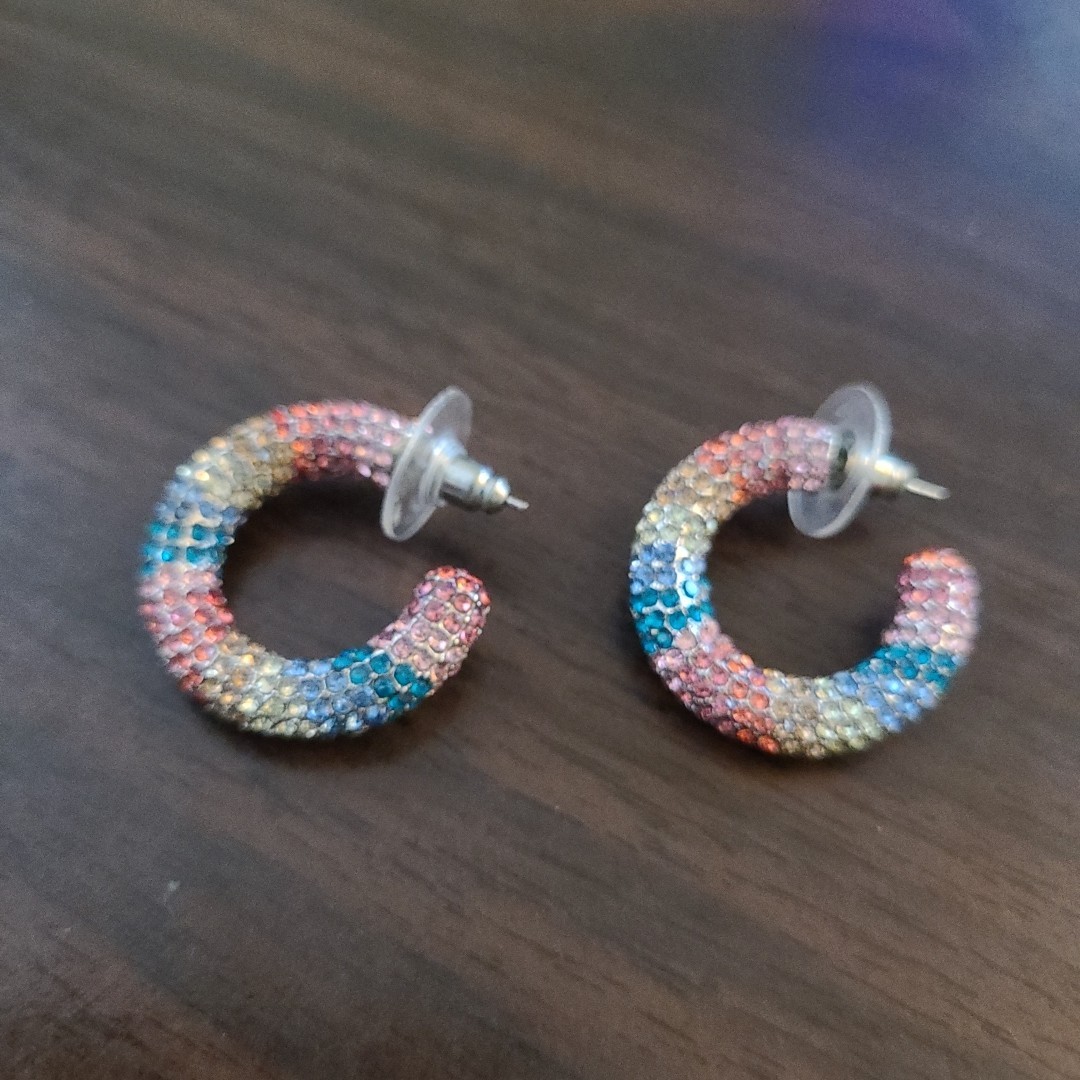 Sterling Silver Rainbow Pave Crystal Hoop Earrings 1″ Pierced Colorful Stones