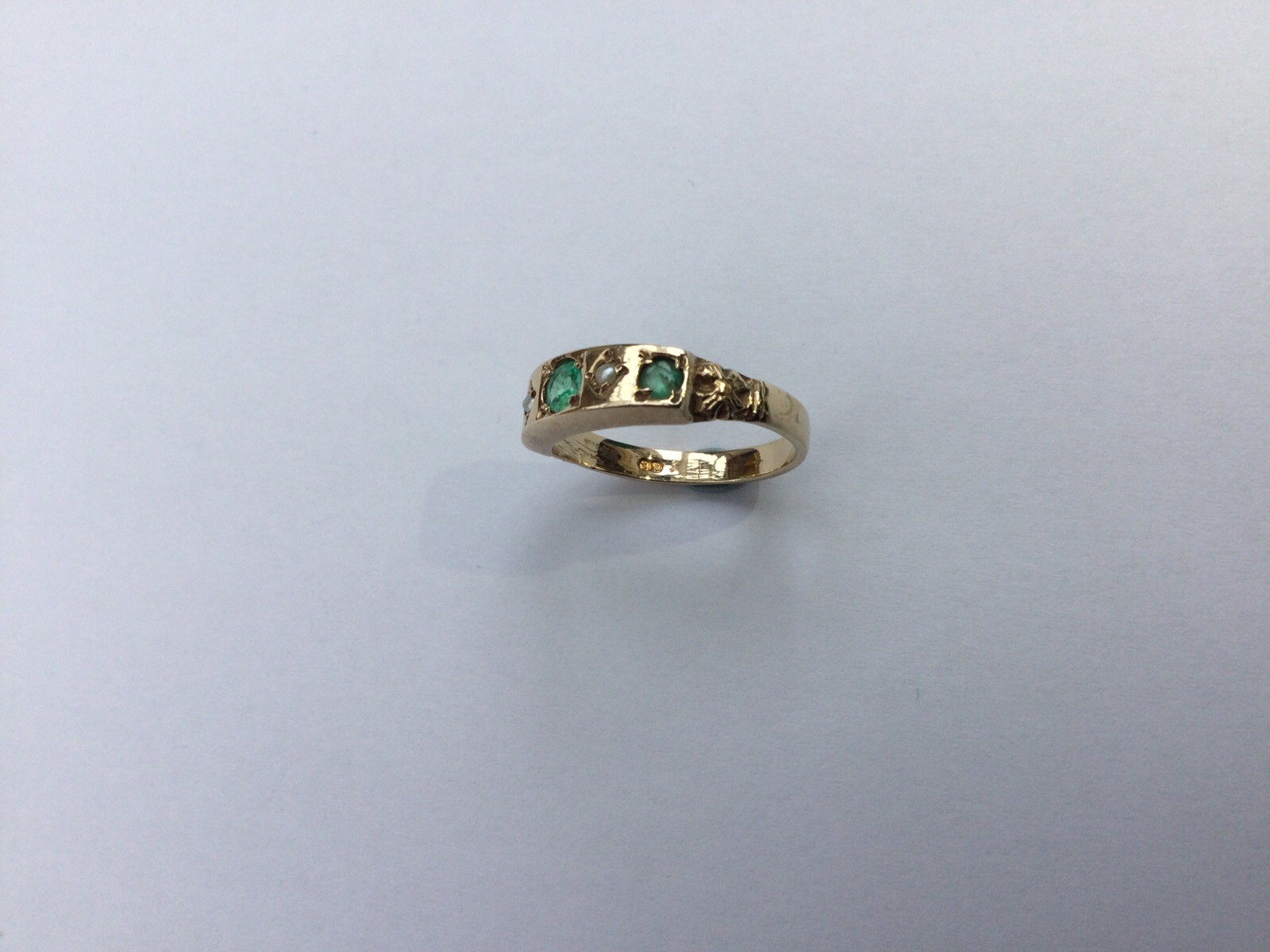 Emerald & Seed Pearl Eternity Ring 9ct Gold Size M 1.7cm