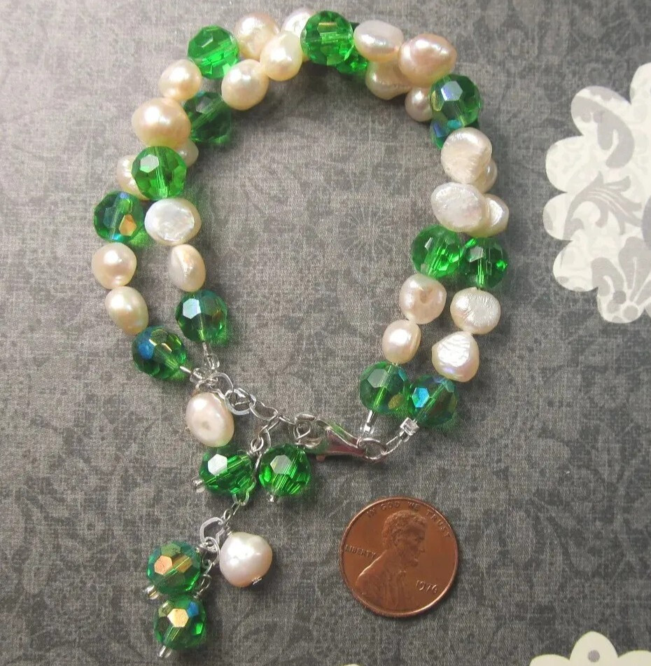 2 Strand Genuine Pearl Green Crystal Sterling Silver Adjustable Dangle Bracelet