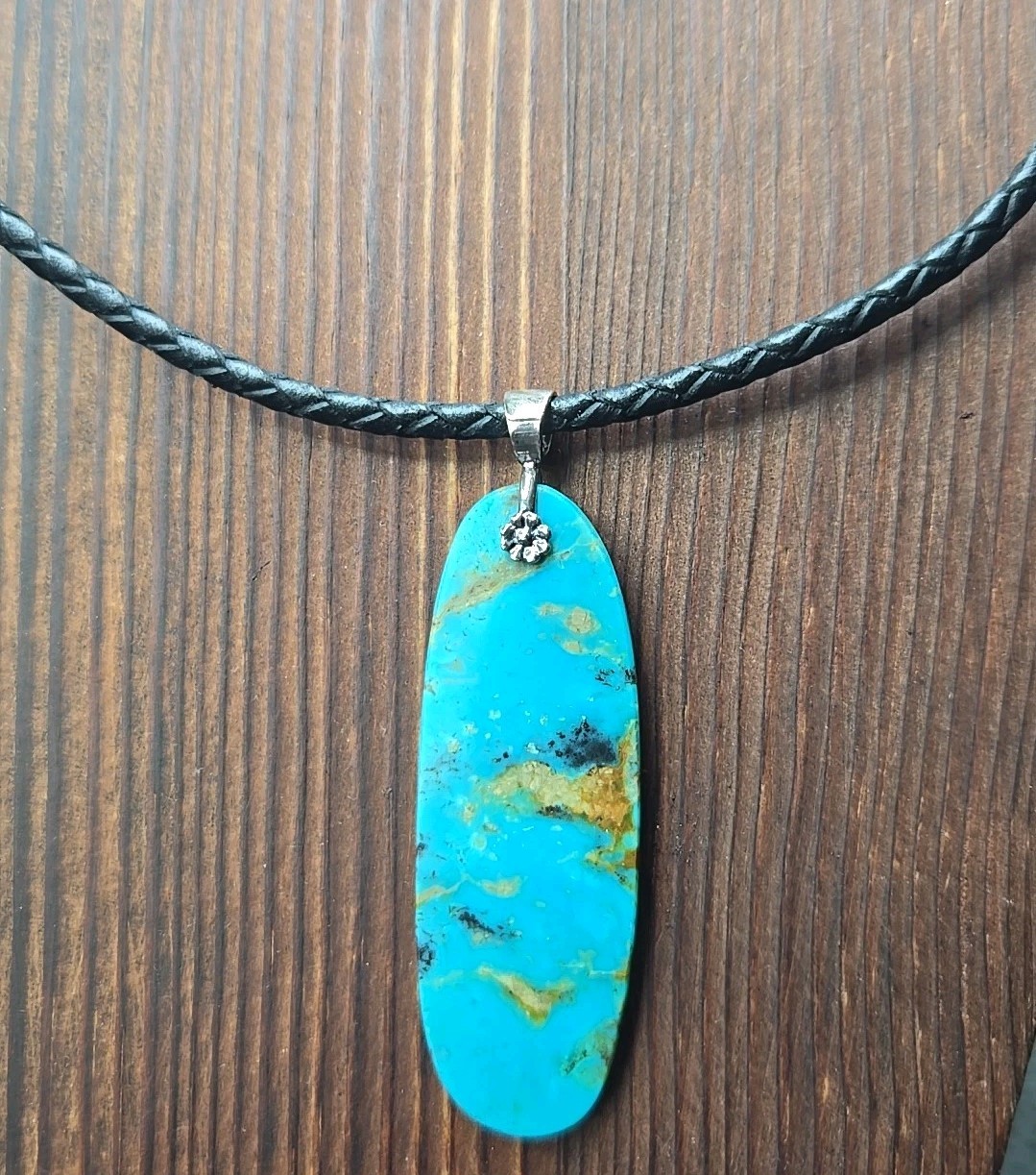 Jay King Blue Turquoise Pendant Leather Rope Necklace Extender 18″ Sterling 925