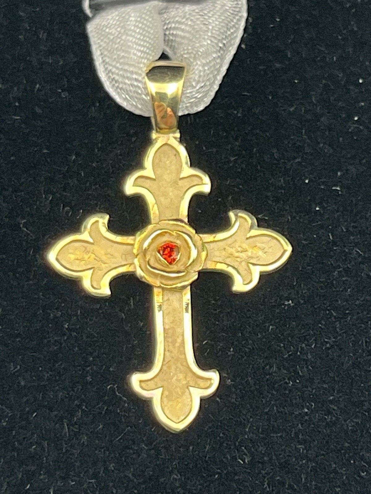 Jeillan 10K Gold Cross Red Stone “In Piece Profound” Signed Pendant With Box