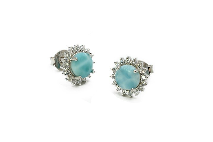 Larimar 5 mm Stud Post Blue Earrings White Sapphire Stones 925 Sterling Silver