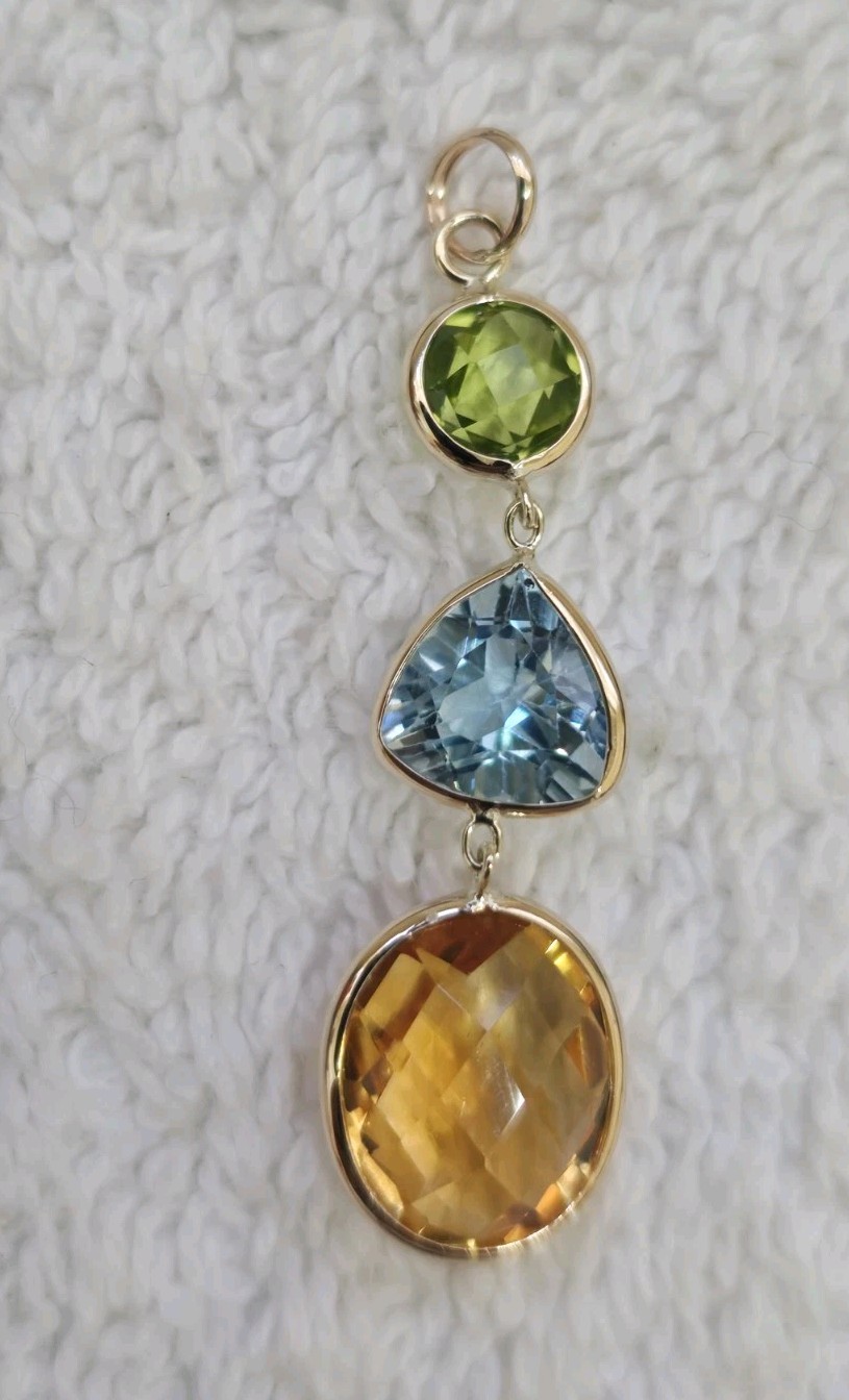 14k Yellow Gold Pendant With Genuine Multi-colored Stones