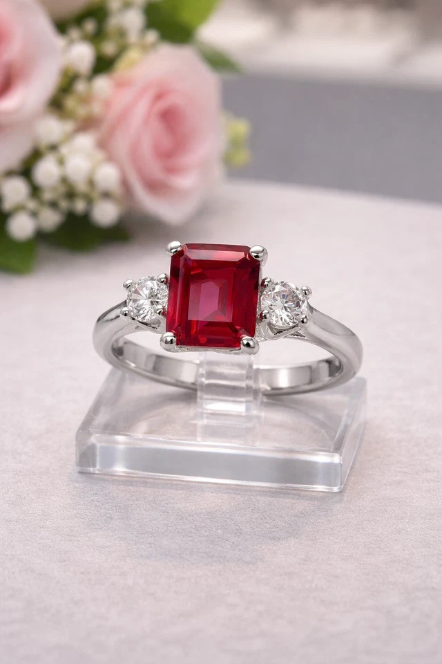 4.05 Ct Emerald Cut Natural Ruby Diamond Engagement Ring 925 Sterling Silver