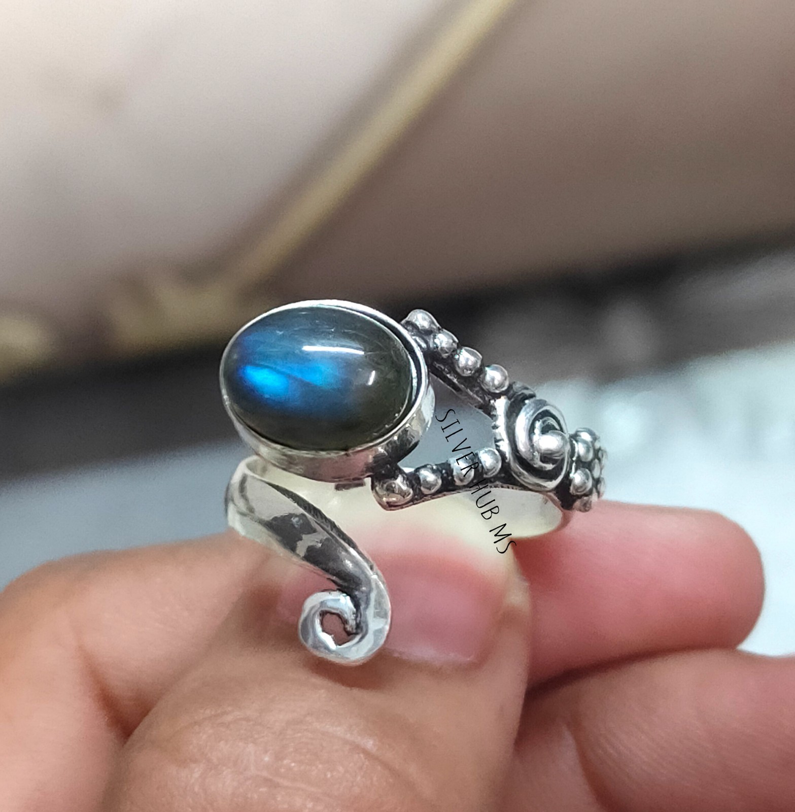 Handmade Natural Blue Fire Labradorite Gemstone 925 Sterling Silver Band Ring