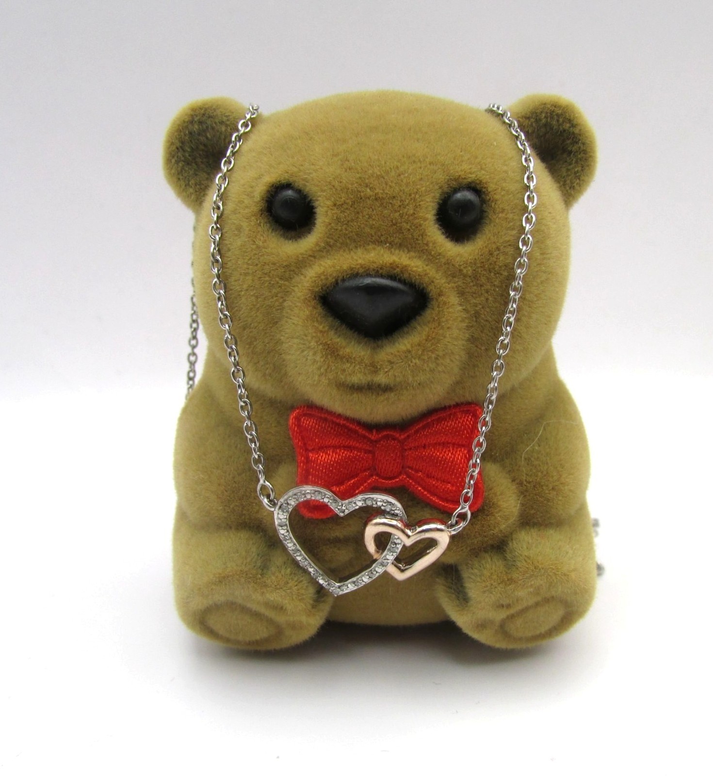 SS 925 & Rose Gold Interlocking Heart Pendant Necklace Diamonds W/ Bear Box Gift