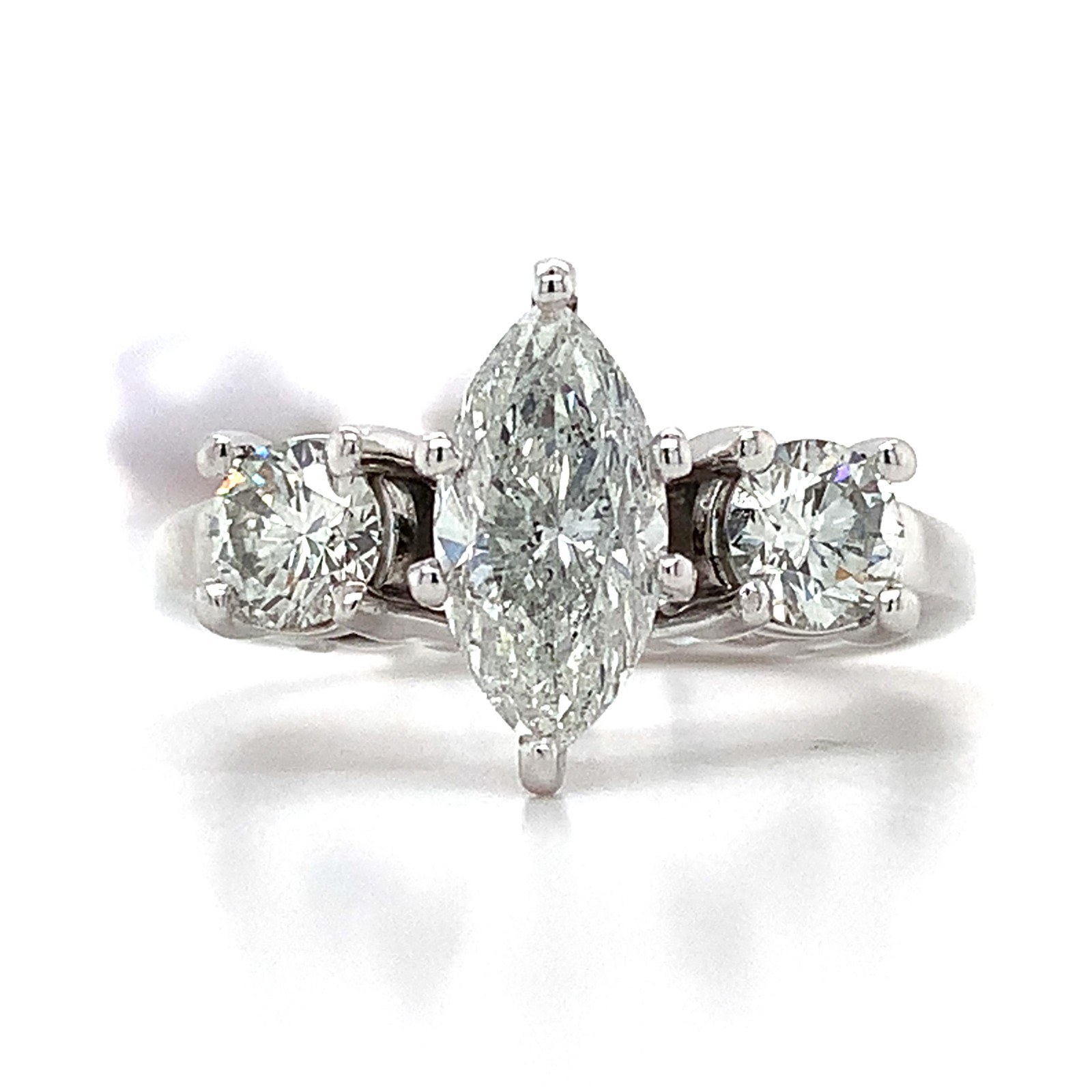 14K White Gold 1.19CTW EGL G SI3 Marquise Center Round Diamonds 3 Stone Ring