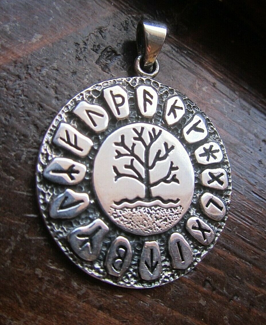 Tree of Life w/ Runes .925 Sterling Silver Medieval Viking Futhark Pendant Jewel
