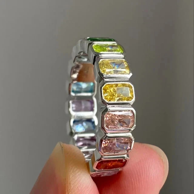 5Ct Emerald Cut Lab-Created Multi-Color Wedding Band Ring 14K White Gold Plated