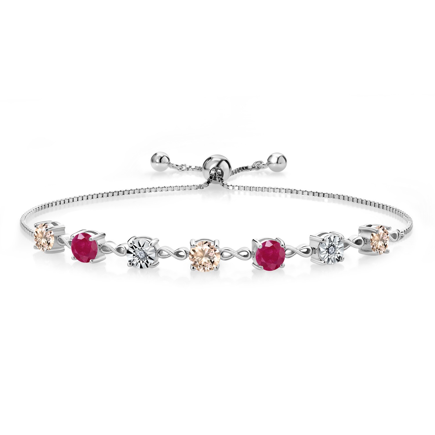 2.31 Ct Round Peach Morganite Red Ruby 925 Sterling Silver Bracelet