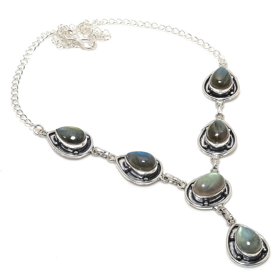 Natural Labradorite Gemstone 925 Sterling Silver Jewelry Necklace Size 18″