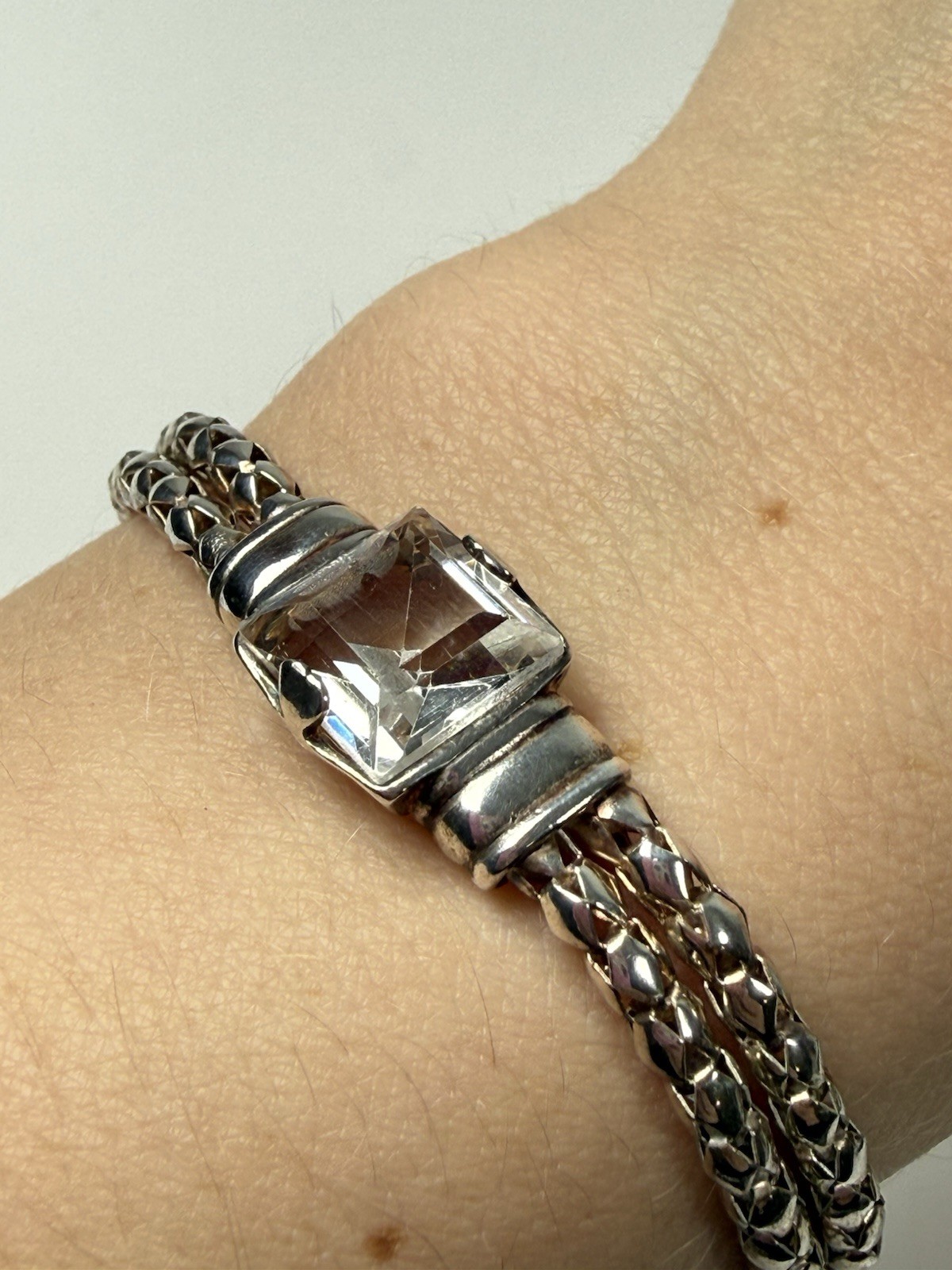 925 Sterling Silver Popcorn Double Chain 7” Bracelet Solitaire Clear Quartz