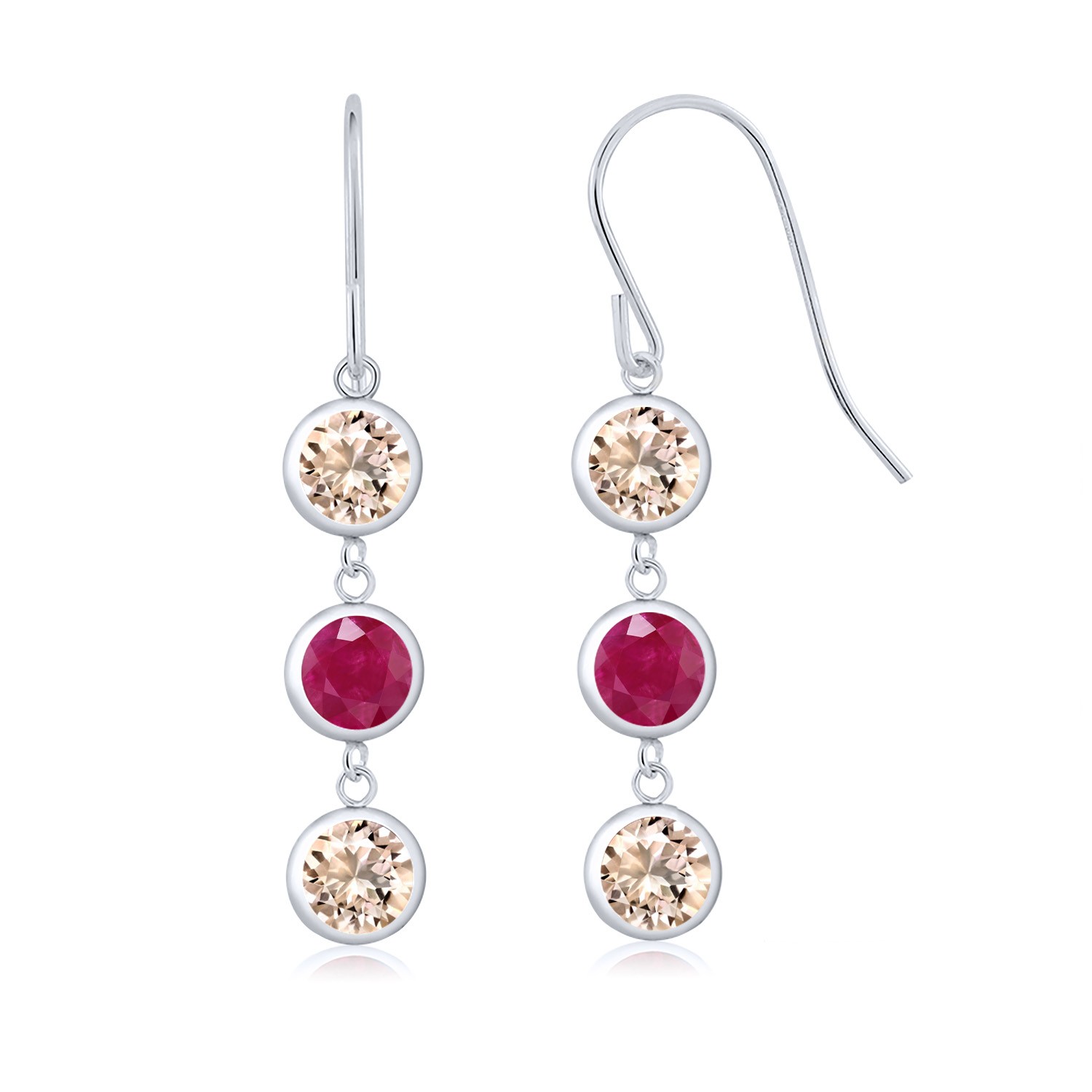 925 Sterling Silver Peach Morganite and Ruby 3 Stone French Wire Dangle