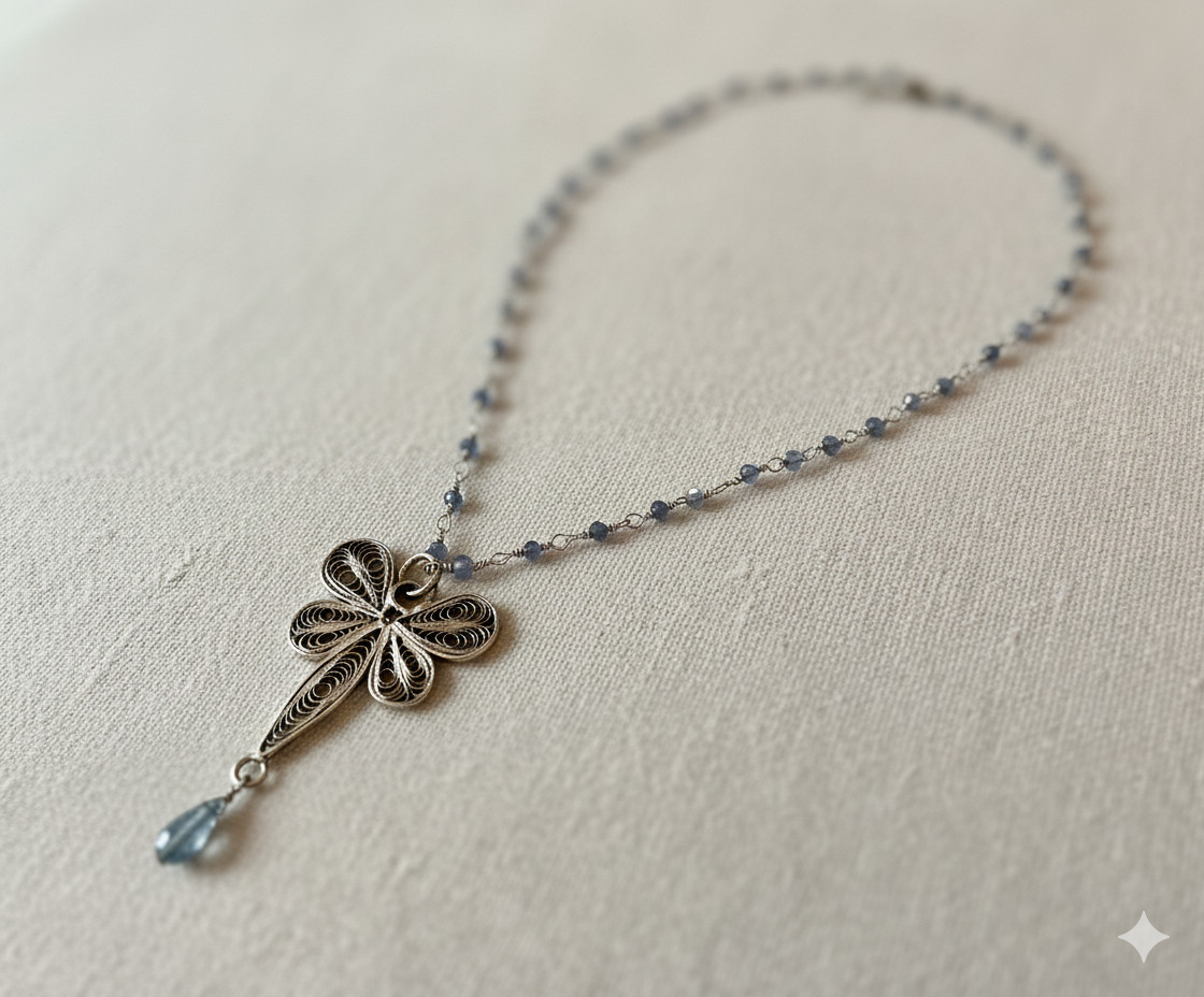 Antique Style Silver Filigree Dragonfly Necklace Labradorite & Aquamarine Beads