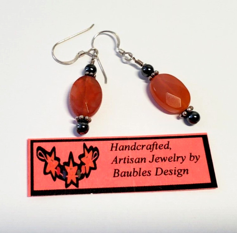 Solid 925 Sterling Silver Handcrafted Artisan Earrings Faceted Carnelian Stone