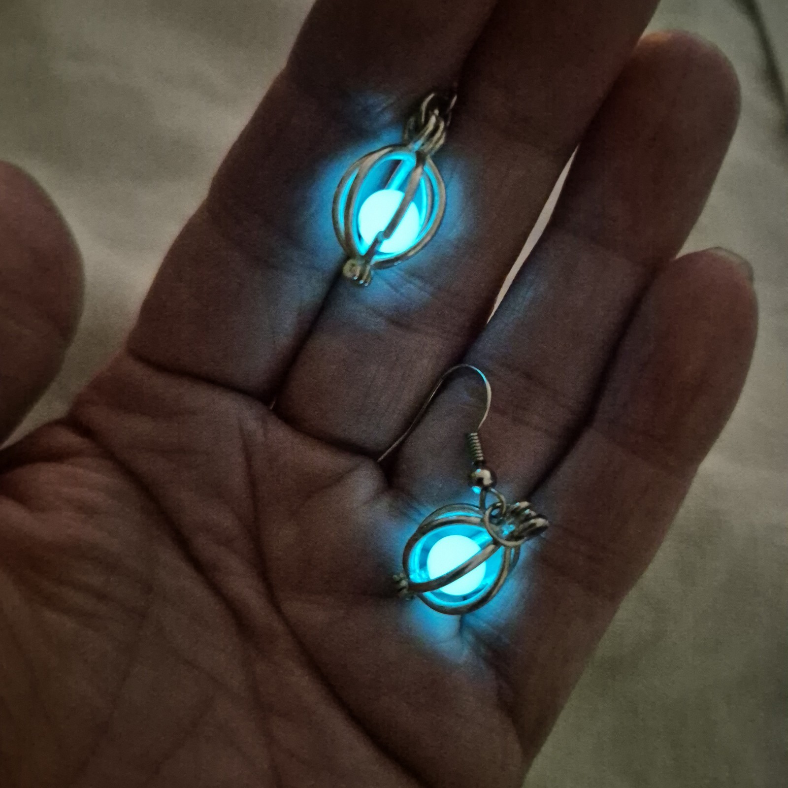 Sterling Silver Cage Locket w GLOW IN THE DARK BLUE Plastic Bead 0.75″ t FUN