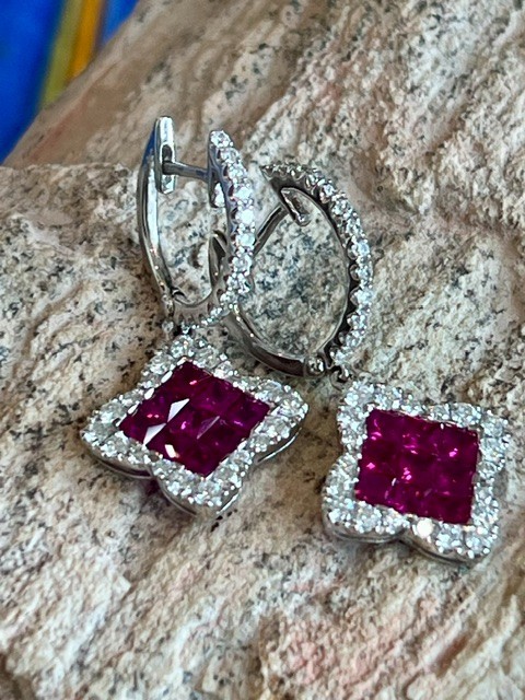 Luxurious 18K White Gold Ruby & Diamond Huggie Earrings by Gregg Ruth