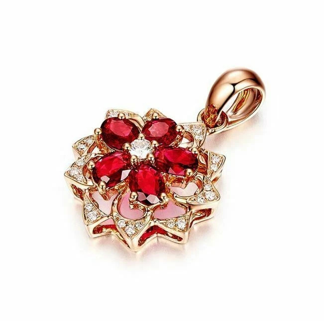 2.30Ct Oval Cut Red Ruby Flower Pendant Necklace 14K Rose Gold Finish With Chain