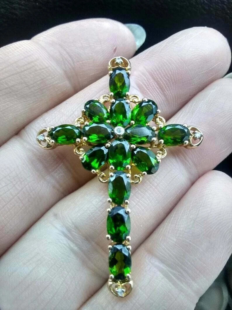 4Ct Oval Cut Emerald & Diamond Cross Women Pendant & Chain 14K Yellow Gold Over