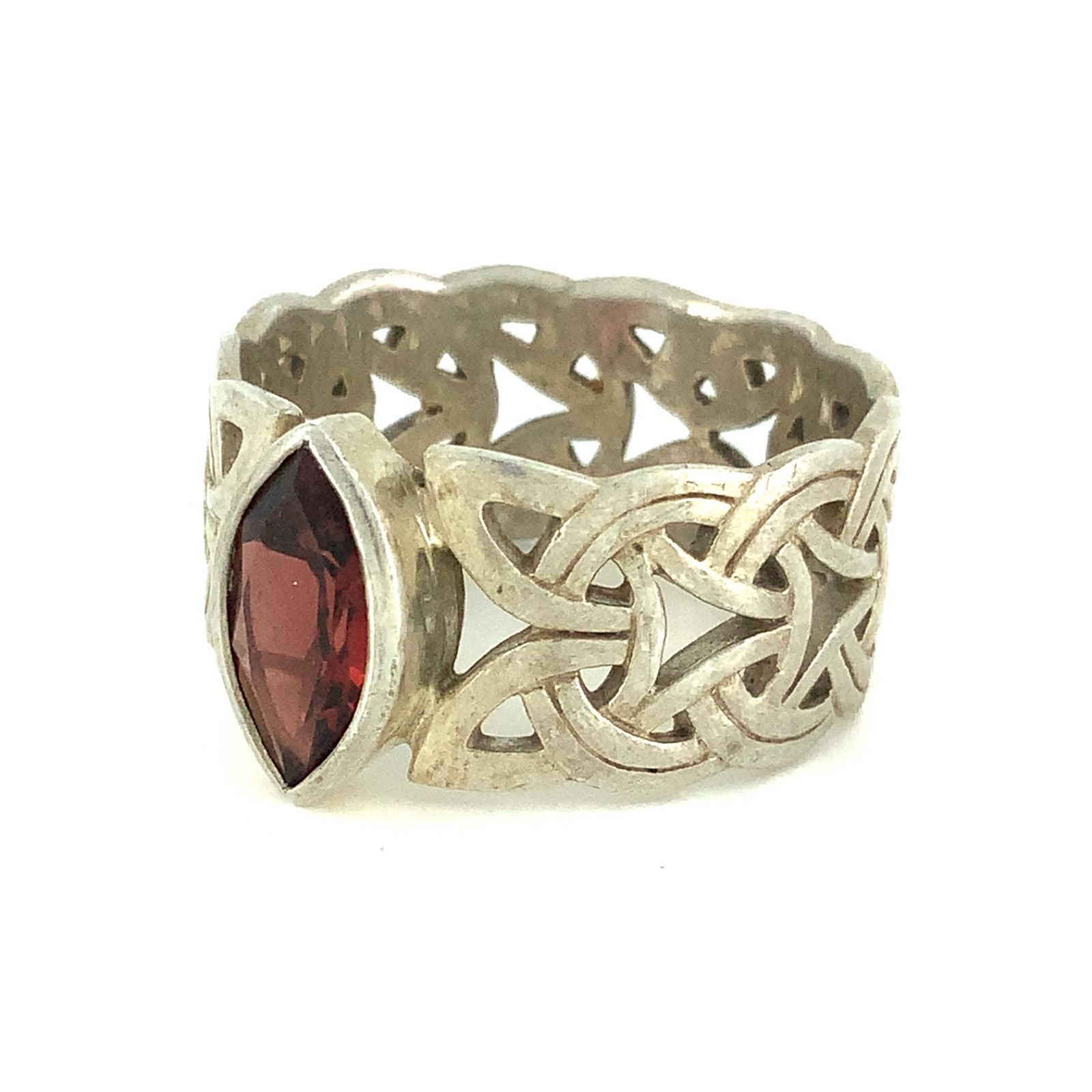 Peter Stone Co. Vintage Garnet, Sterling Silver Borre Knot Viking Ring Sz. 11