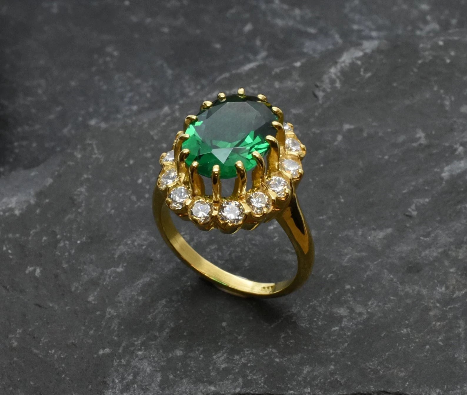 3.65 Ct Oval Cut Natural Emerald & Diamond Engagement Ring 14K Solid Yellow Gold