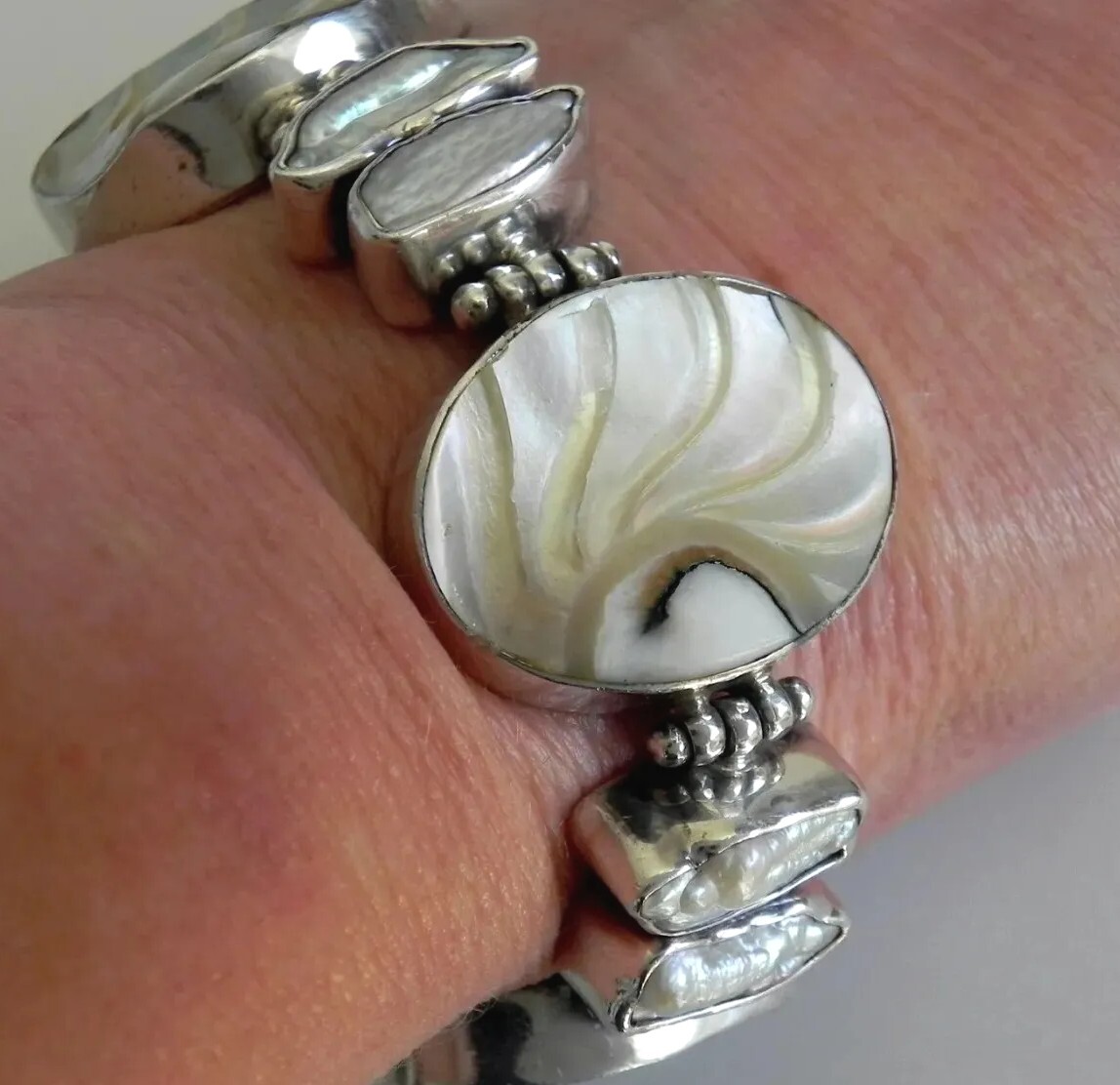 ✨CHUNKY SPECIAL✨ 69g solid silver seashell biwa pearl adjust statement bracelet