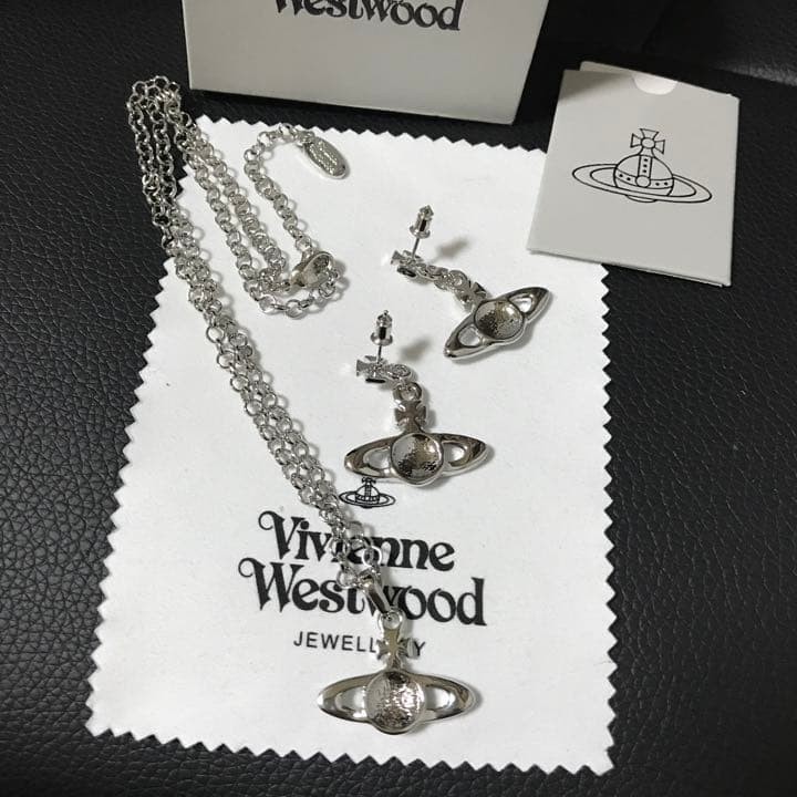 Vivienne Necklace Earrings Set Mini Bas relief Silver Light Blue IN BOX