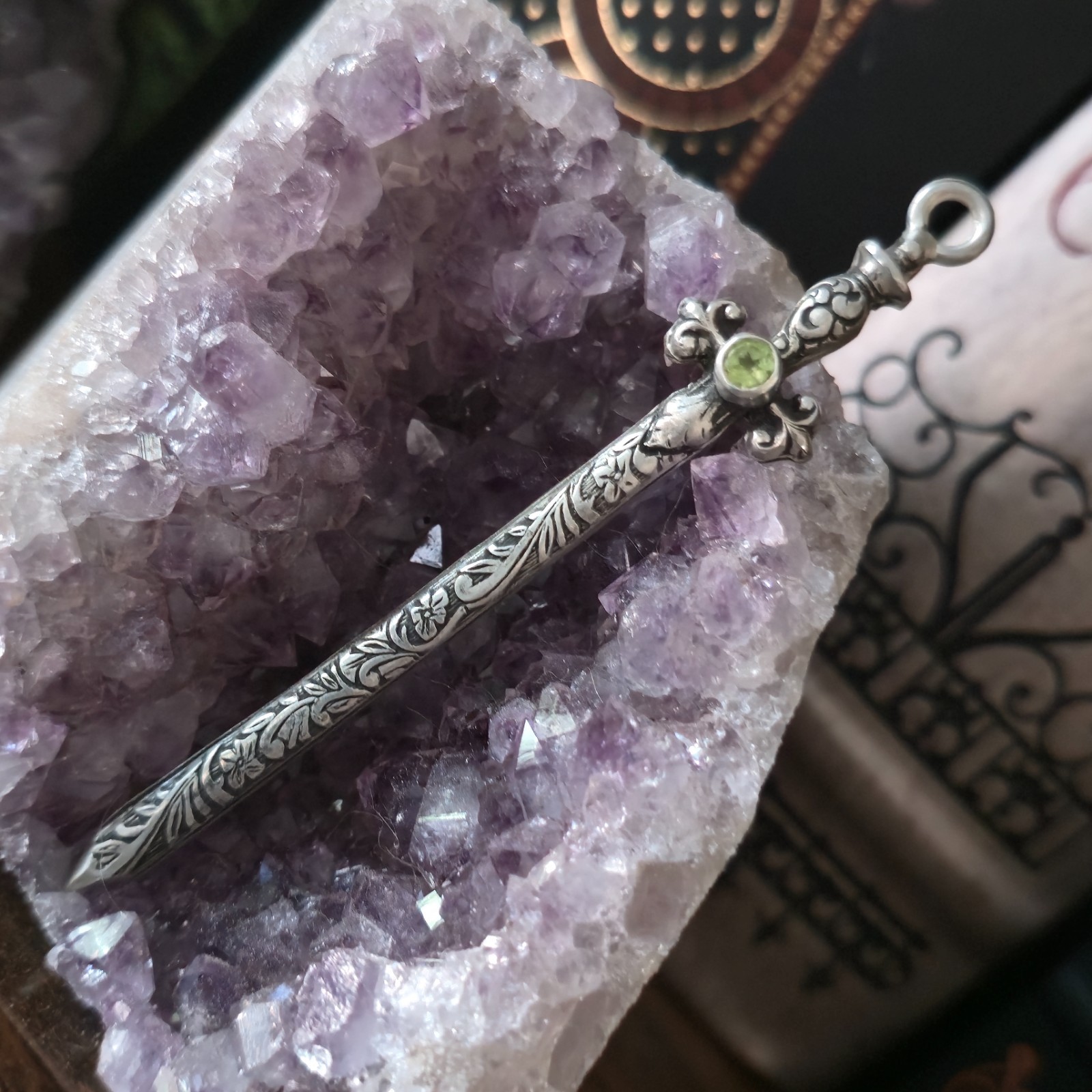 Floral Engraved Sterling Silver Sword Necklace, Gothic Renaissance Style Pendant