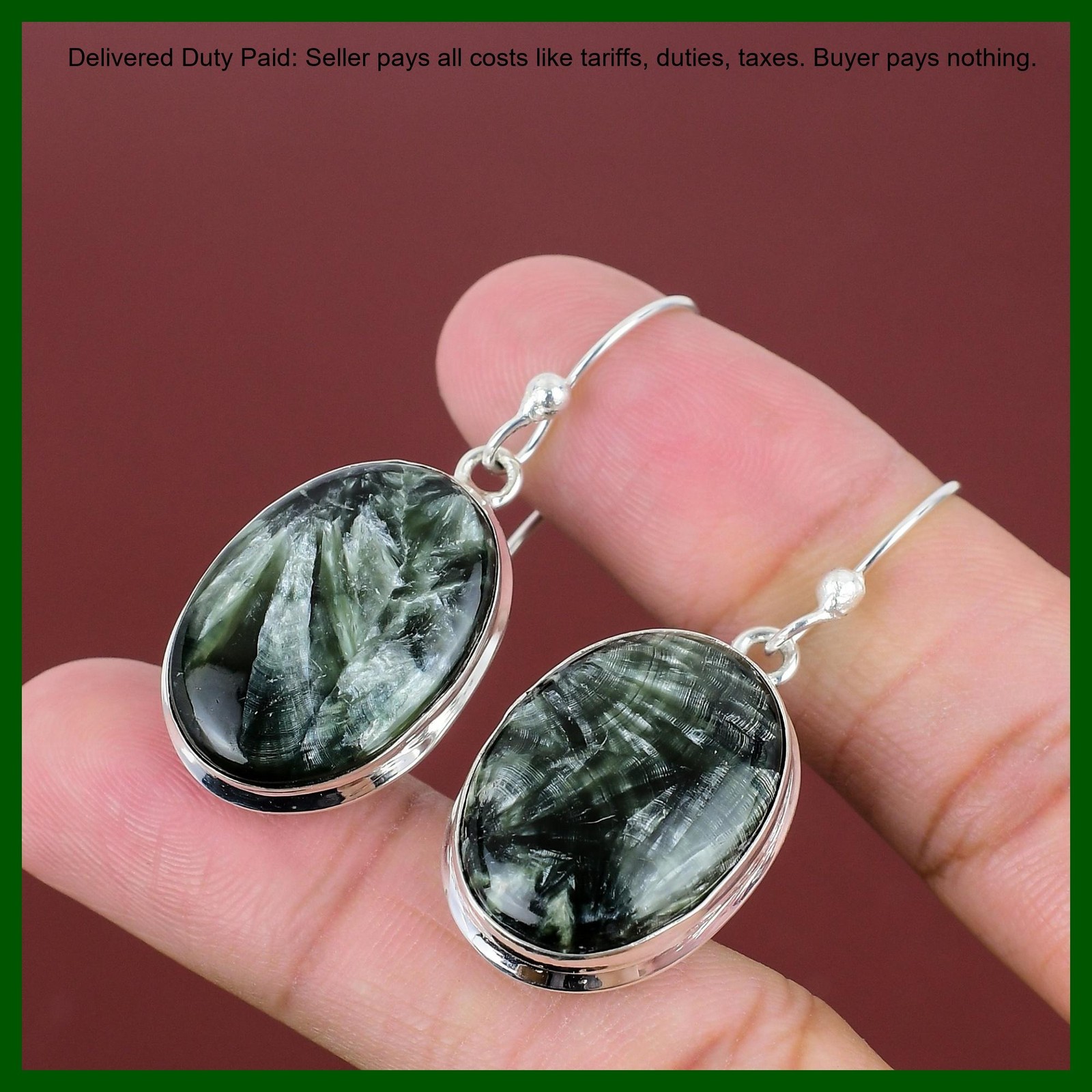 Oval Seraphinite Stone 925 Silver Birthday Hook Bezel Wedding Dangling Earrings