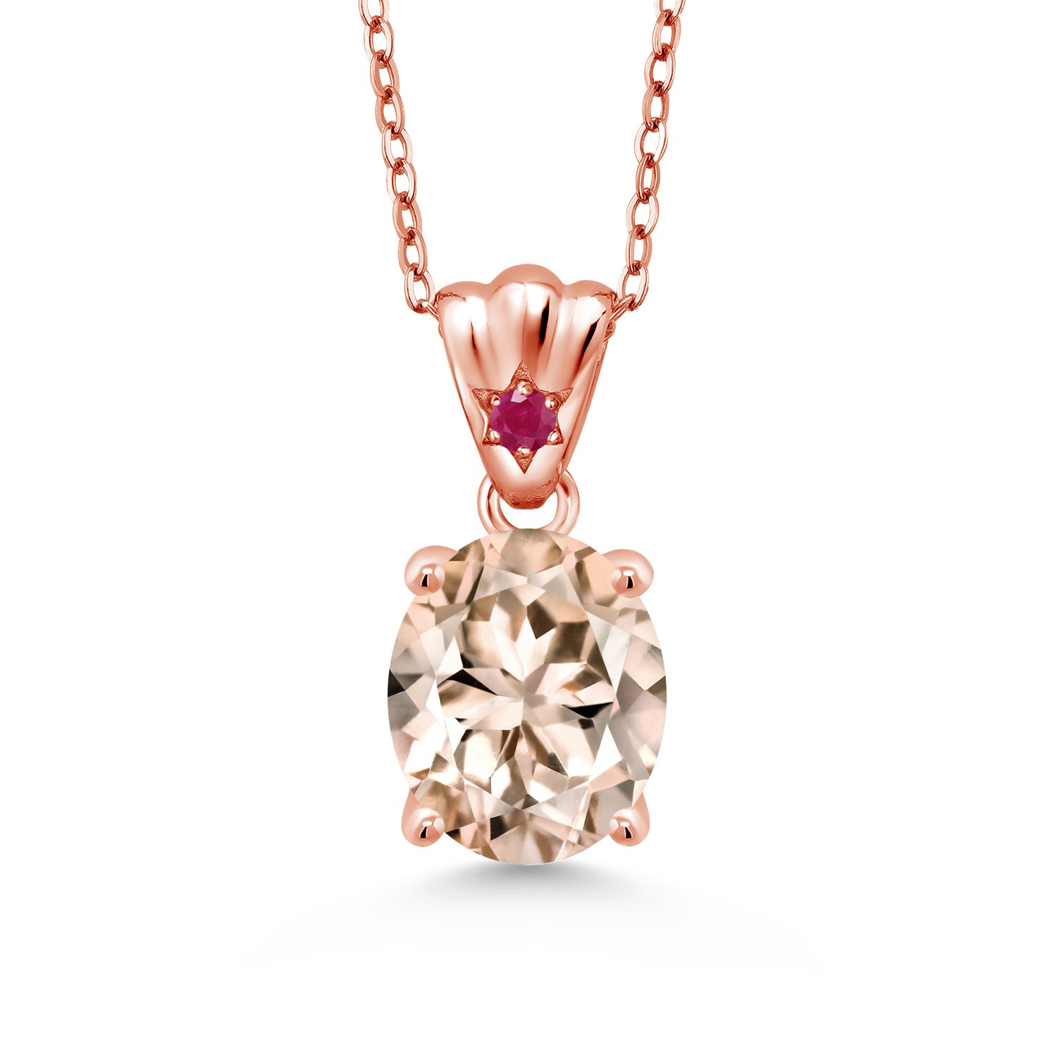 3.24 Ct Oval Peach Morganite Red Ruby 18K Rose Gold Plated Silver Pendant