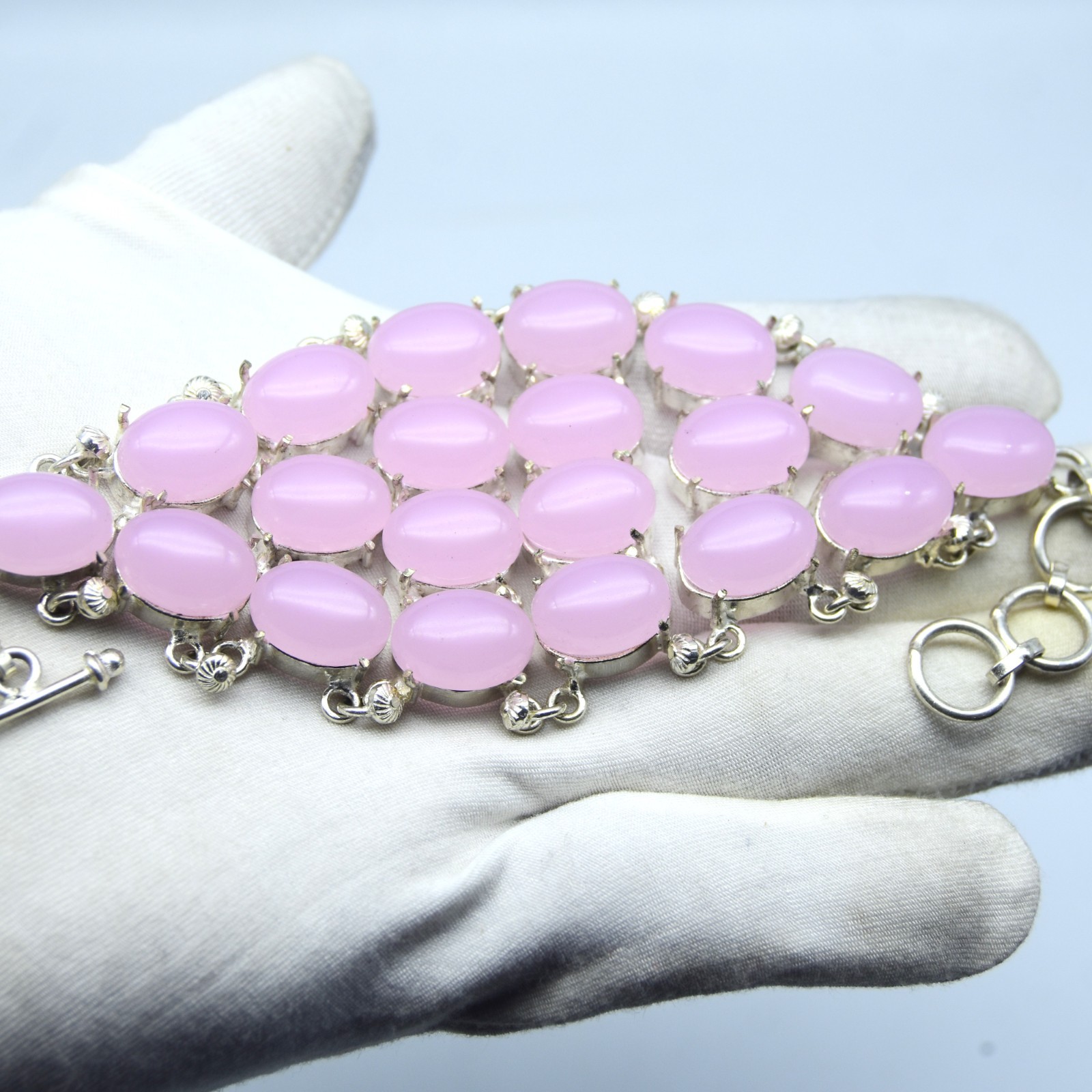 Pink Rose Quartz Gemstone Big Bracelet 925 Sterling Silver Jewelry ADJ 8″