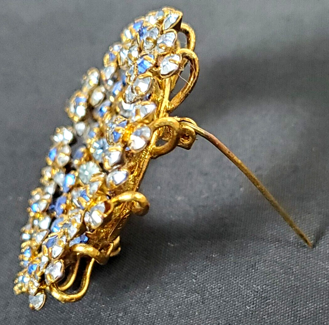 Blue Austrian Crystal Multi Layer Wreath Brooch Pin Gold Tone Stamped 1 7/8″__