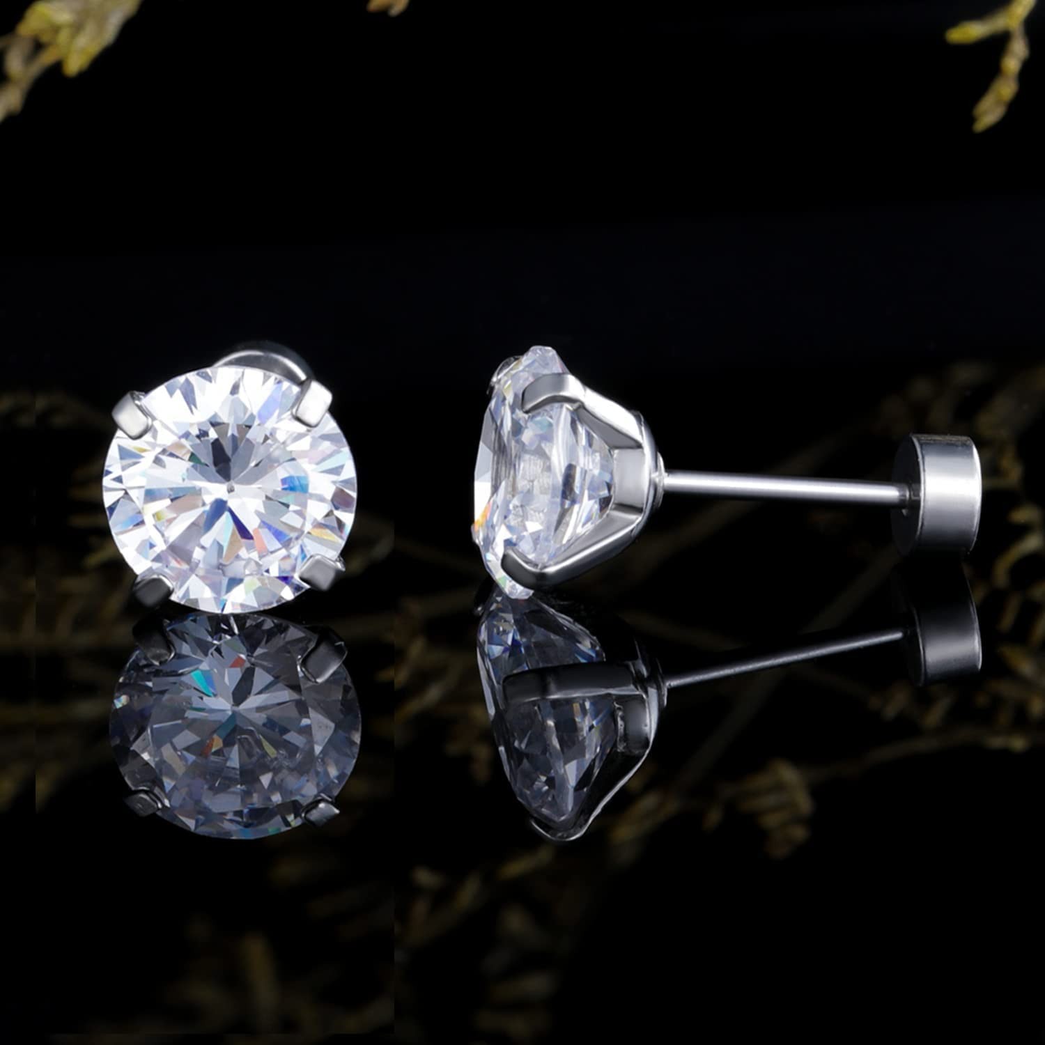 Titanium Screw Flat Back Earrings Cubic Zirconia Simulated Diamond CZ 316L Surgi