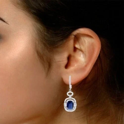 2Ct Lab Created Blue Sapphire Diamond Drop/Dangle Earrings 14K White Gold Plated