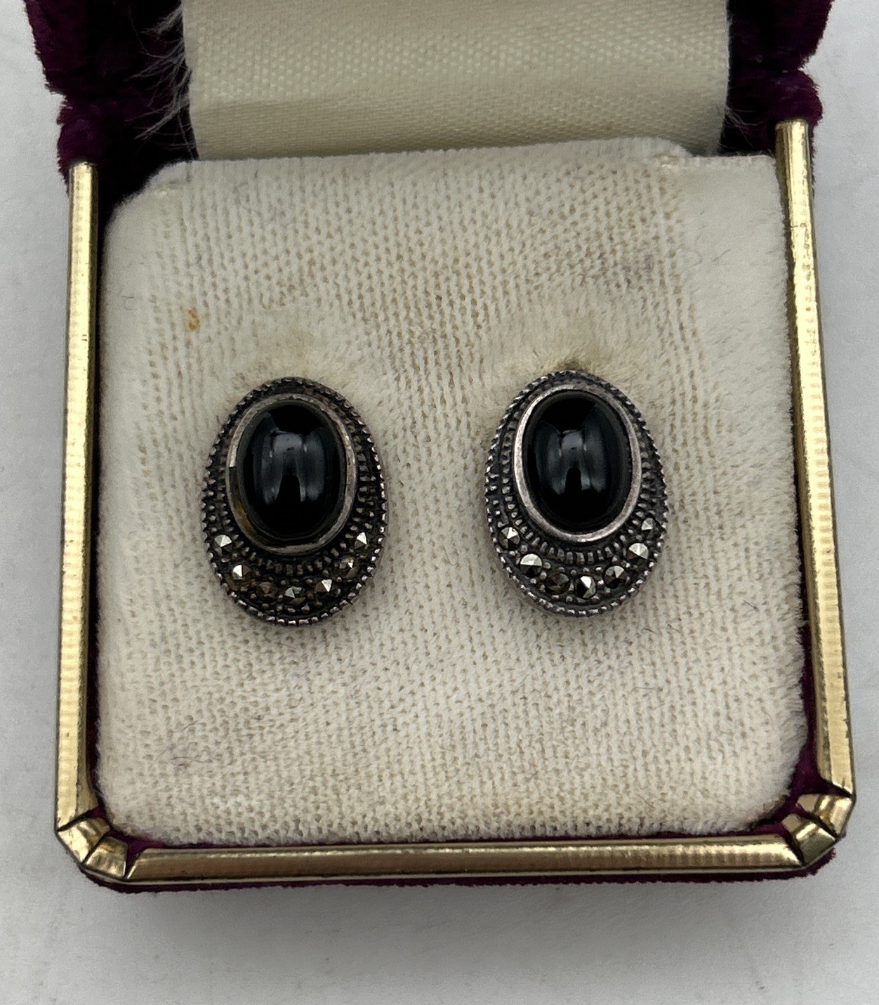 Vintage Sterling Silver Onyx & Pyrite Stud Earrings 4.5 Grams