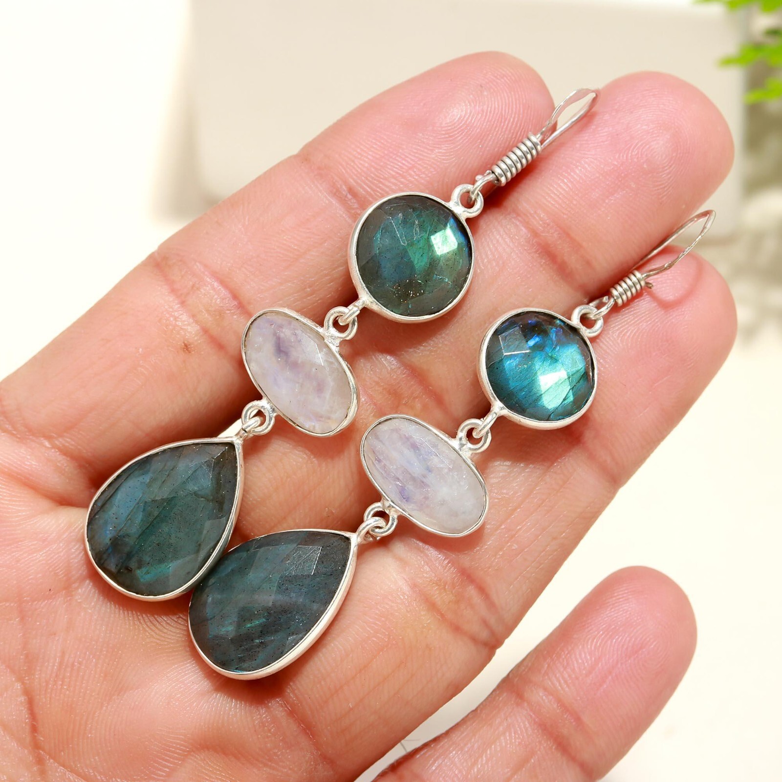 Natural Labradorite Moonstone Drops Dangle Earring Gemstone 925 Sterling Silver