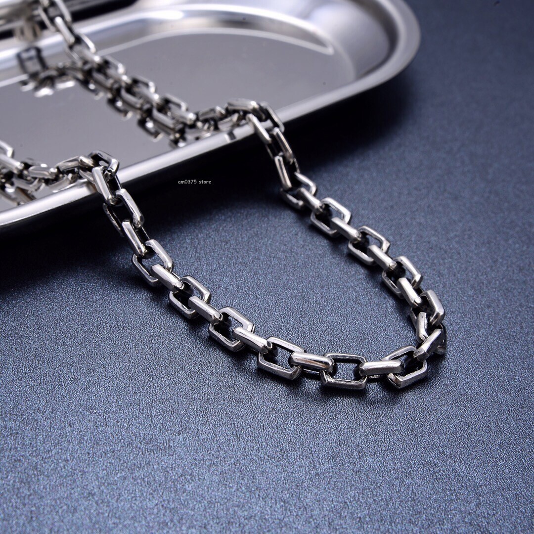 Real S925 Sterling Silver Chain Men Women 7mm Cable Link Chain Necklace Bracelet