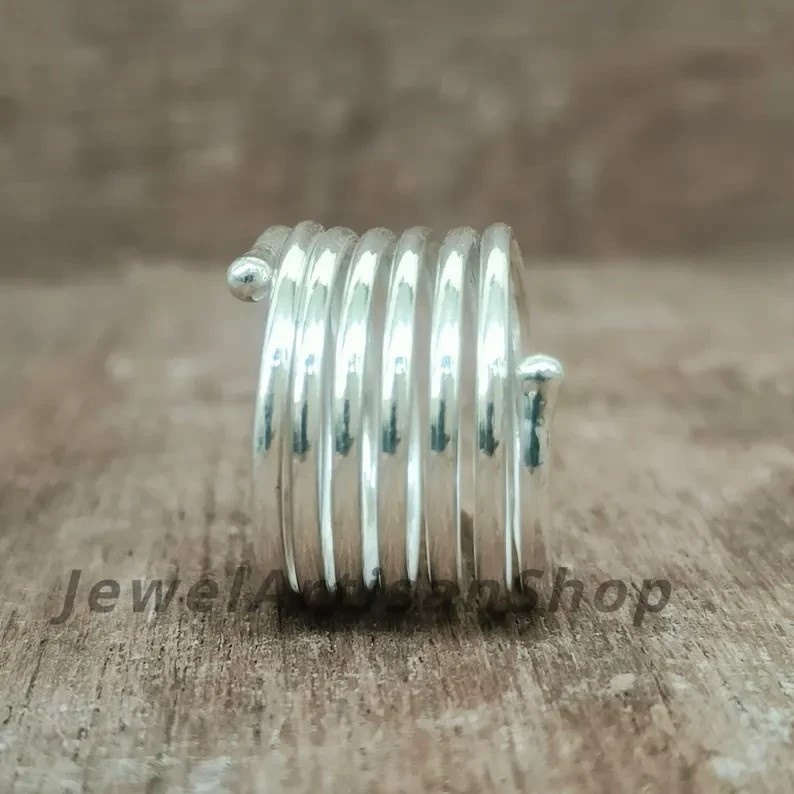 925 Sterling Silver Coil Ring-Adjustable Spiral Band-Silver Wire Wrap Ring-Handm