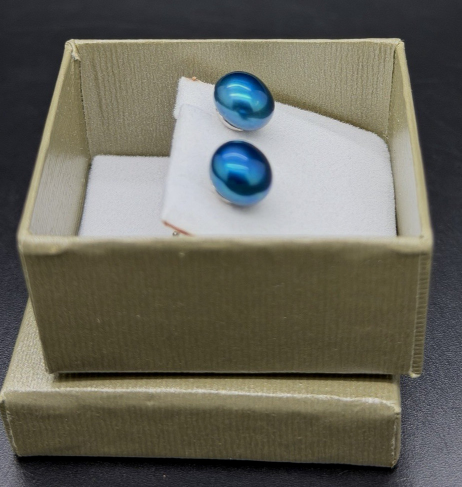 Honora STERLING SILVER PEACOCK BLUE 9MM PEARL EARRINGS NIB