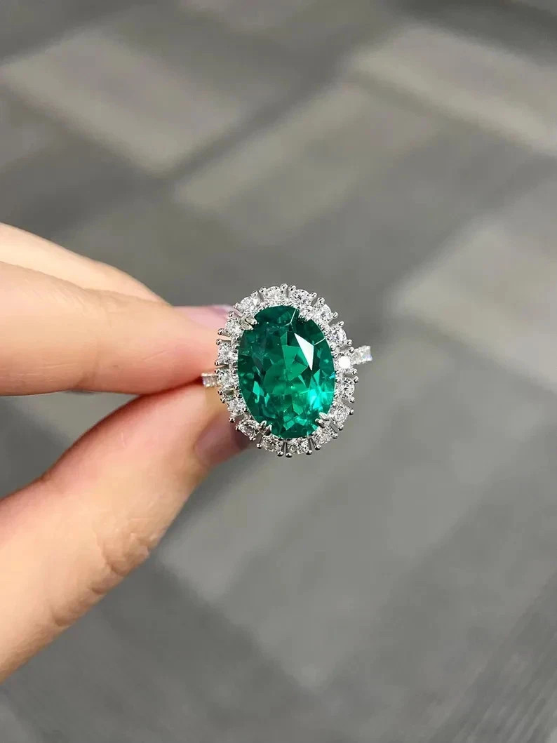 4.50Ct Oval Cut Natural Emerald & Diamond Wedding Ring 950 Platinum Size 5 6 7 8