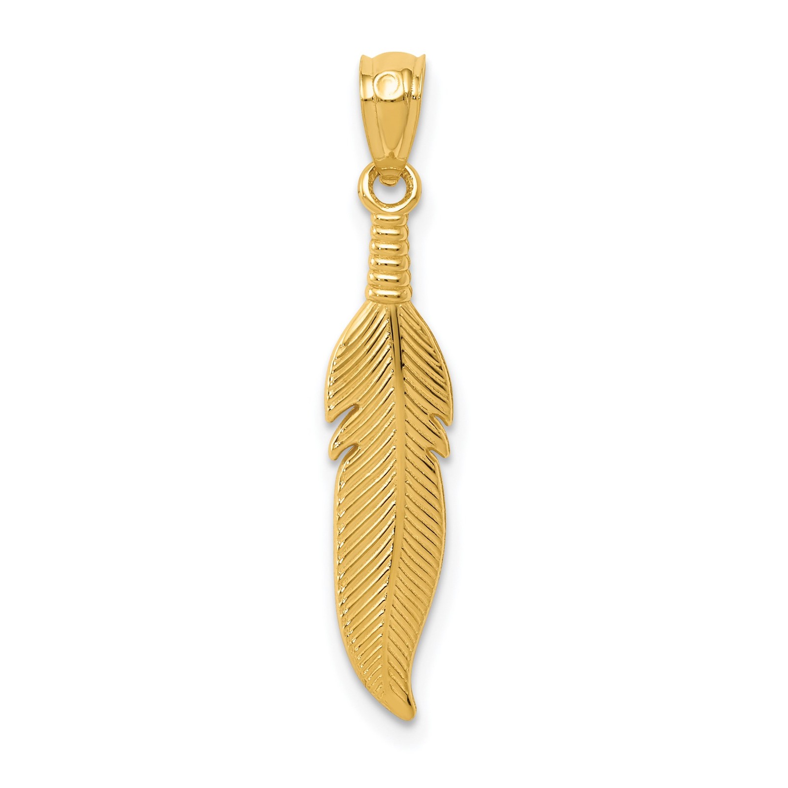 14k Yellow Gold Solid Feather Pendant Charm Polished Nature Jewelry